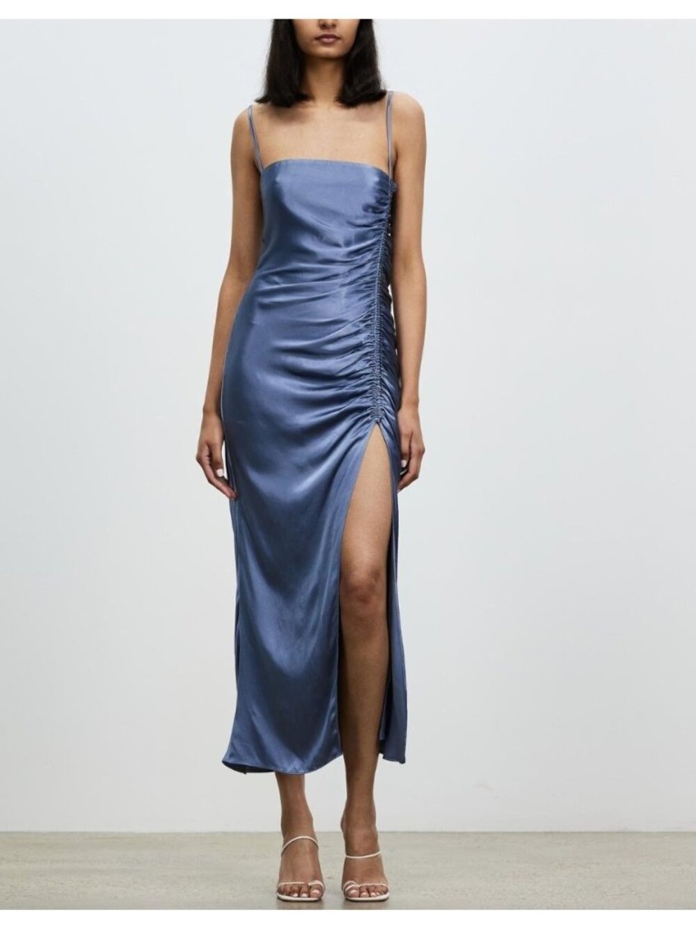 Shona Joy Lily Ruched Midi Dress Satin Bias Slip Blue Smoke Bridesmaid Party 6